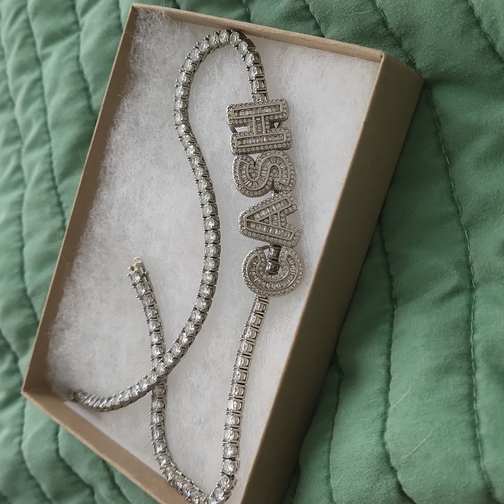 Baguette crystal diamond Chain, 925 sterling silver chain,crystal choker, M BOX